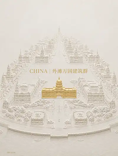 Embossed ivory relief poster of a Shanghai historic landmark
