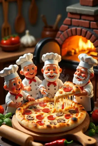 3D Pixar-style miniature chefs pizza scene