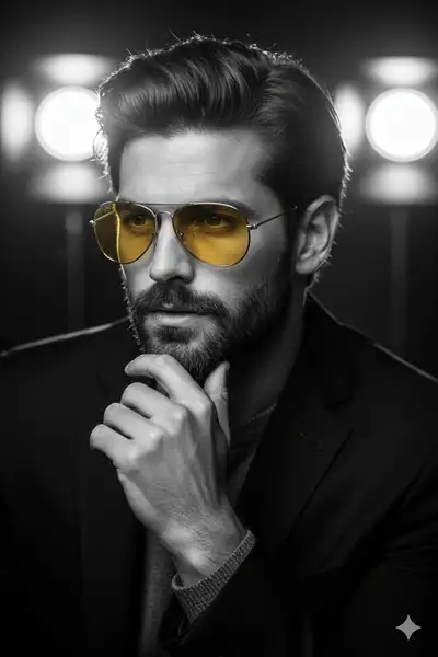 Film-noir black-and-white portrait with amber sunglasses