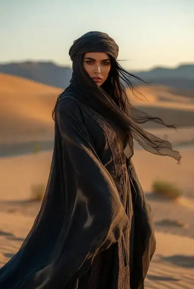 Mysterious Woman in Golden Desert at Sunset