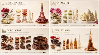 SQL-style pastry construction grid for architectural landmarks