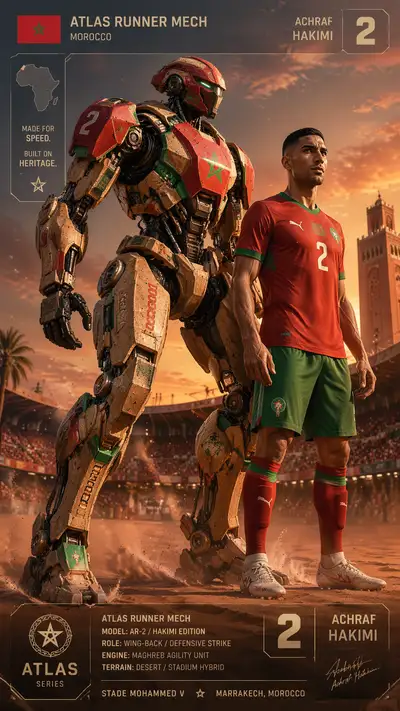 Morocco World Cup mech poster: Atlas Runner Mech with Hakimi