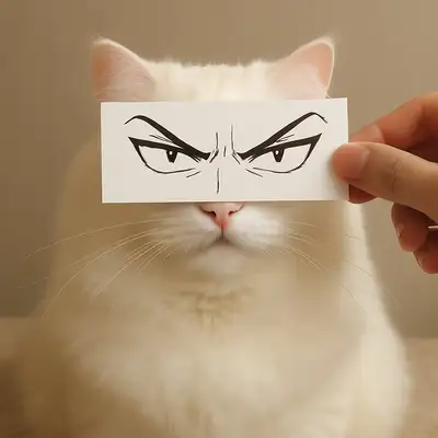 Katze hält eine Karte mit gezeichneten wütenden Anime-Augen vor sich