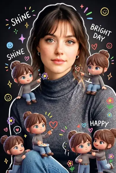 Portrait surrounded by playful chibi doodle miniatures