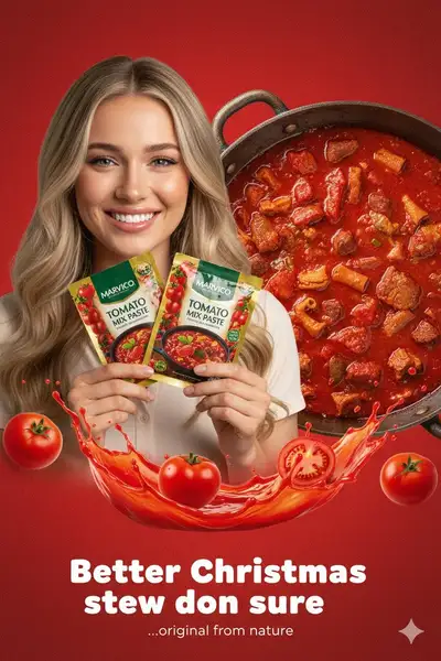 Tomato paste seasoning advertisement with festive stew