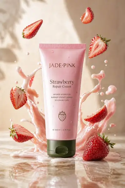 Strawberry repair cream product shot with fruit splash