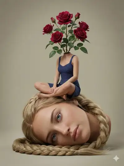 Surrealist Woman with Rose Bouquet Head