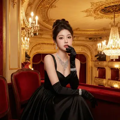 Elegant opera house portrait in a black evening gown
