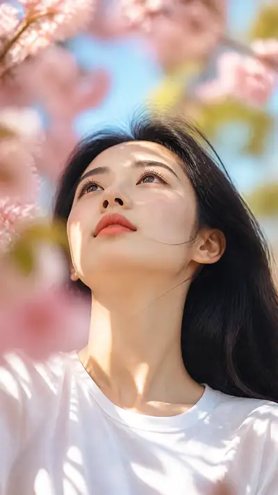 Cinematic portrait of a woman under blooming cherry blossoms
