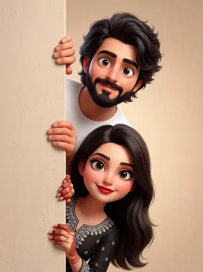 Pixar-style couple peeking playfully from behind a wall