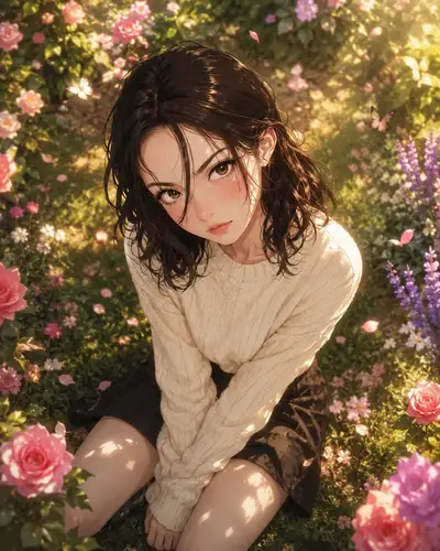 Anime woman in a blooming spring garden, top-down view