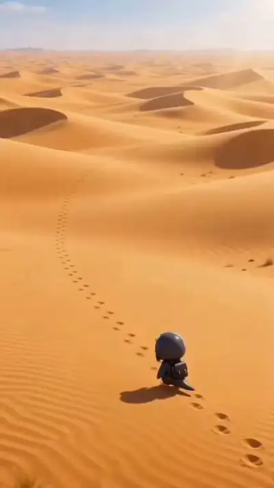 Animação 3D cinematográfica de explorador solitário no deserto, prompt JSON estruturado