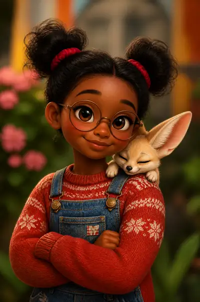 Cute 3D Pixar-style girl portrait with a fennec fox
