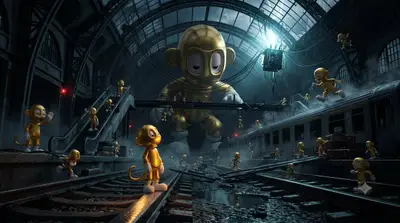 Scène Surréaliste Cinématographique : Chaos d'Échelle de Personnage dans une Gare Abandonnée