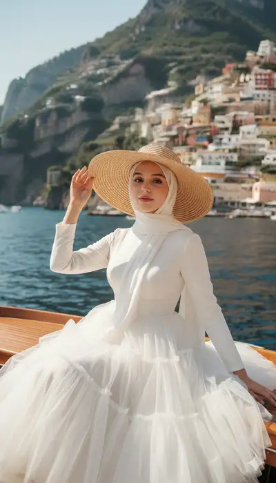 Bootsporträt an der Amalfiküste, Haute-Couture-Hijab (Frauen)