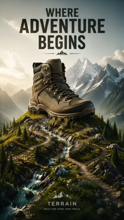 Hiking boot living landscape advertising poster