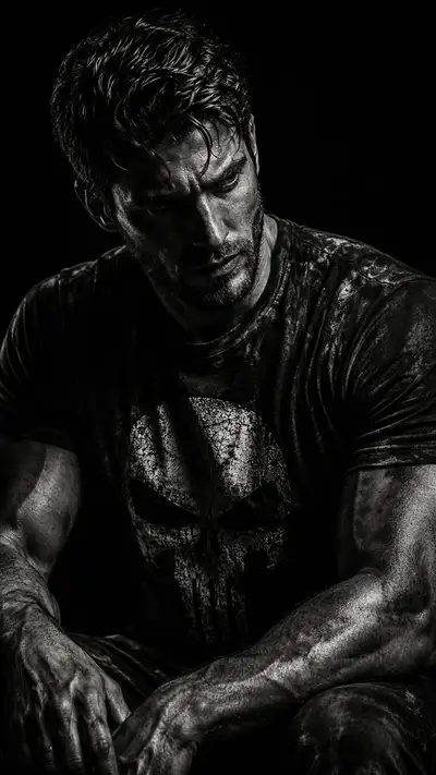 Retrato em preto e branco com estética crua e camiseta de caveira