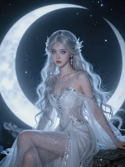 Hyperrealistic Ice Goddess Portrait Under a Crescent Moon
