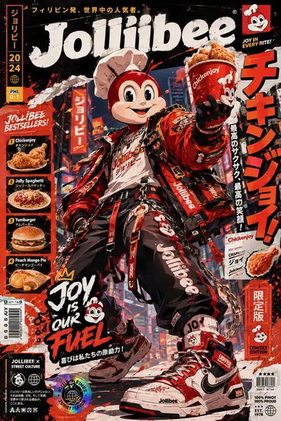 Póster publicitario de portada de revista con mascota anime streetwear