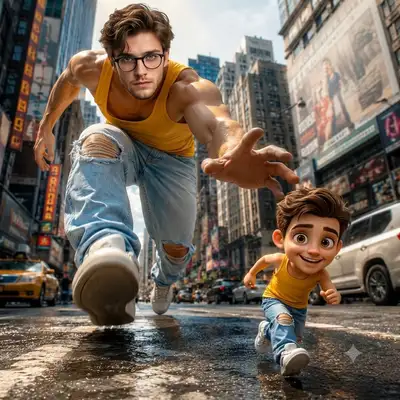 Concise DALL-E Prompt for Man with 3D Mini-Me Running