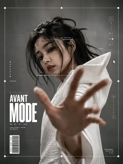 Avantgardistisches Modeeditorial-Porträt mit Tech-UI-Overlays