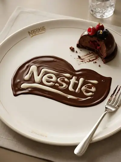 Brand logo formed from melted chocolate dessert scene