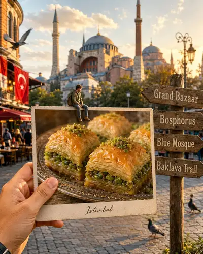 Hyper-realistic travel-food postcard scene
