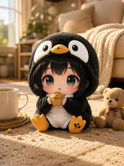 JSON-Bildprompt für ein Chibi-Kind im Pinguinkostüm