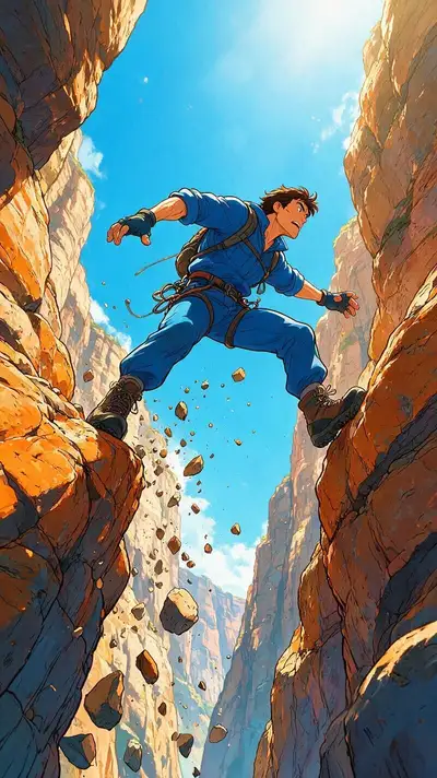 2D-Action-Anime-Keyvisual eines Kletterer-Sprungs