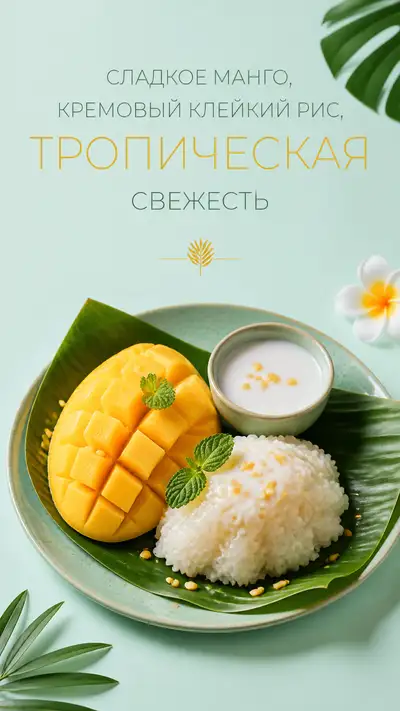 Thai mango sticky rice dessert poster with text overlay