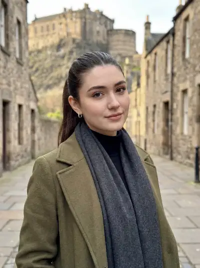 European travel portrait in an olive coat against a historic castle