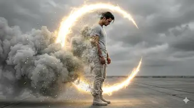 Man Dissolving Into Golden Smoke Particles