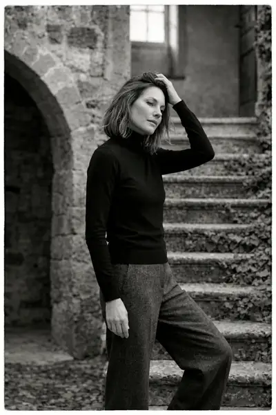 Cinematic B&W Portrait in Stone Courtyard