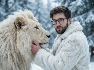 Cinematic portrait of a man bonding with a majestic white lion