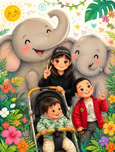 Kawaii storybook illustration transformation of family photo
