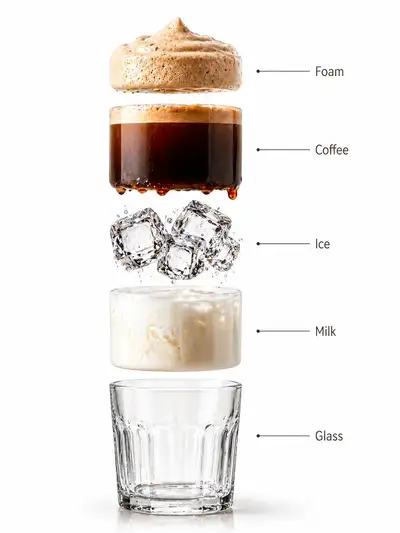 Infográfico explodido de camadas de café gelado, GPT Image 2