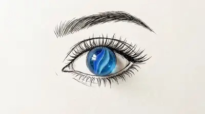 Mixed-media illustration of an eye made from a glass marble