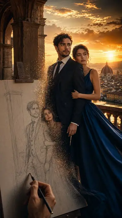 Romantic Sunset Artist's Balcony Portrait