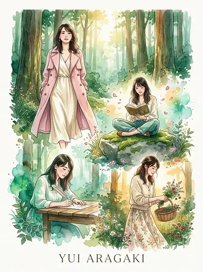 Whimsical Watercolor Portrait of Yui Aragaki in Enchanted Woodland