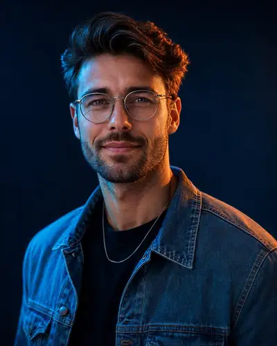 Cinematic Portrait of Confident Man with Dual-Color Lighting
