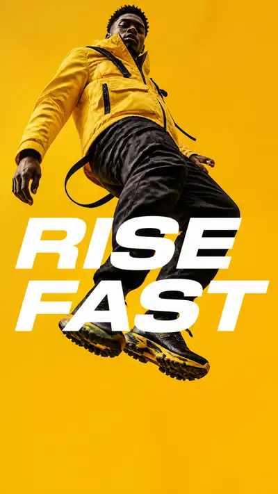Premium menswear campaign with athletic mid-jump pose
