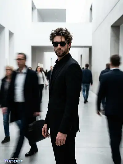 Cinematic Fashion Portrait in Crowded Hallway
