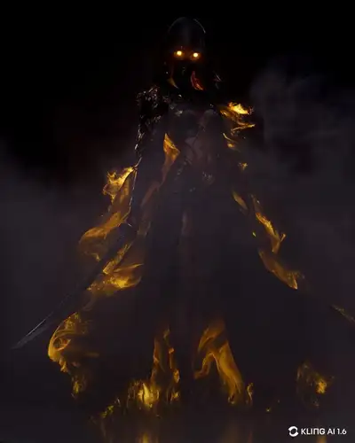 Fierce Female Warrior with Black and Gold Flames