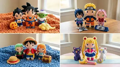 2x2 grid of famous manga characters reimagined as plushies