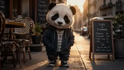 Photorealistic panda cub wearing a hoodie in an urban cafe