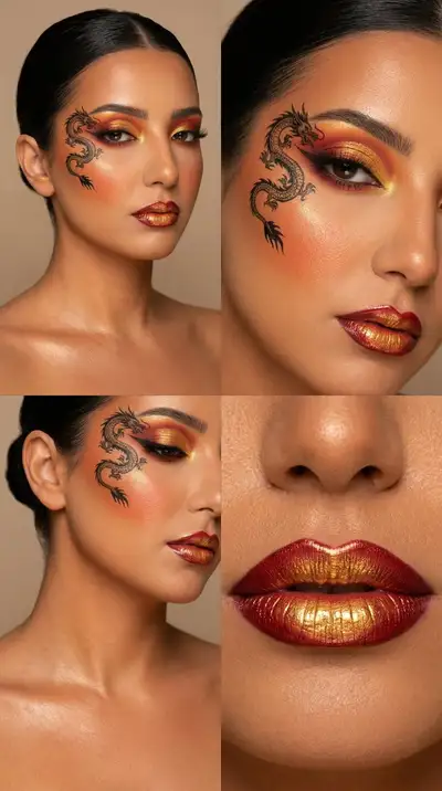 Cinematic Beauty 2x2 Grid with Fire Dragon Makeup