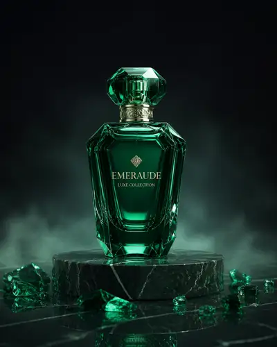 Emerald crystal perfume bottle product photography