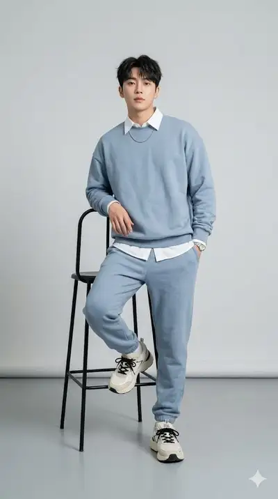 K-fashion studio photo of a man leaning on a barstool in loungewear
