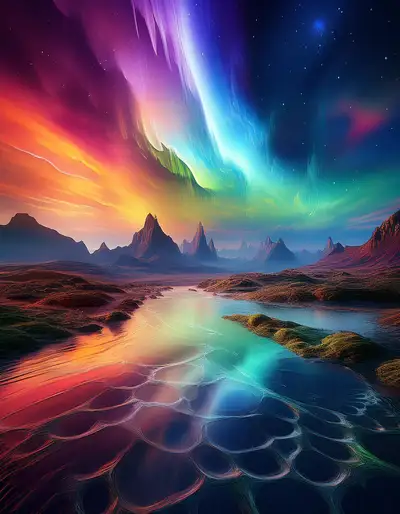 Schillernde fraktale Landschaft mit Aurora