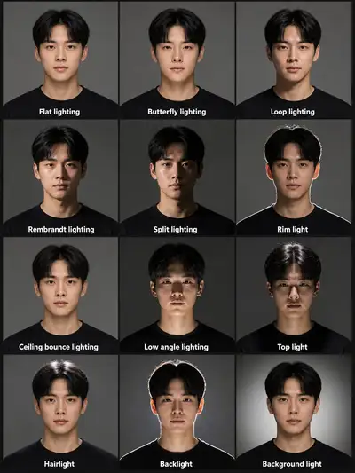 Studio portrait lighting reference chart, 12 setups